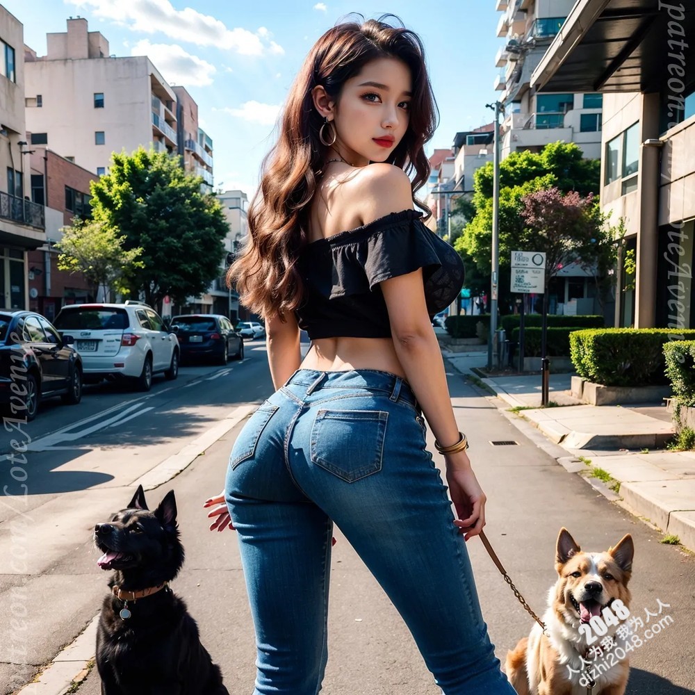 洛杉矶街拍：Ash的紧身牛仔裤诱惑，完美身材引爆夏日热情，臀部曲线令人窒息，性感尤物与宠物的慵懒时光。