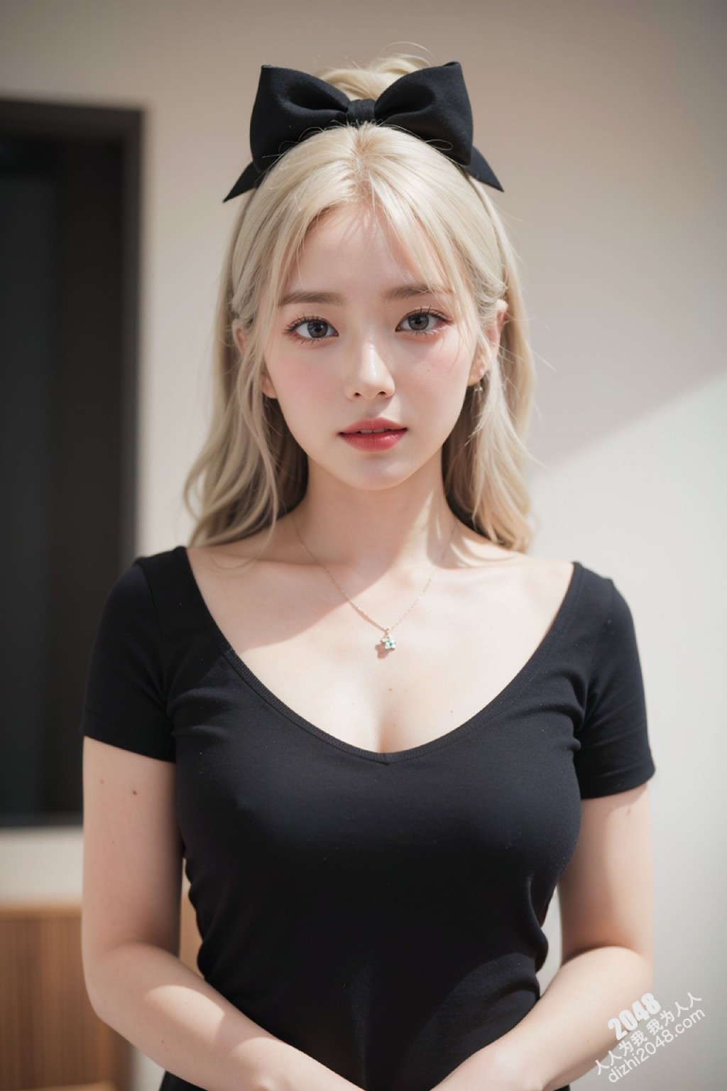 甜心宝贝的秘密写真：亚麻色秀发与黑色低胸装的诱惑，性感尤物写真集，展现极致诱惑身材(1)