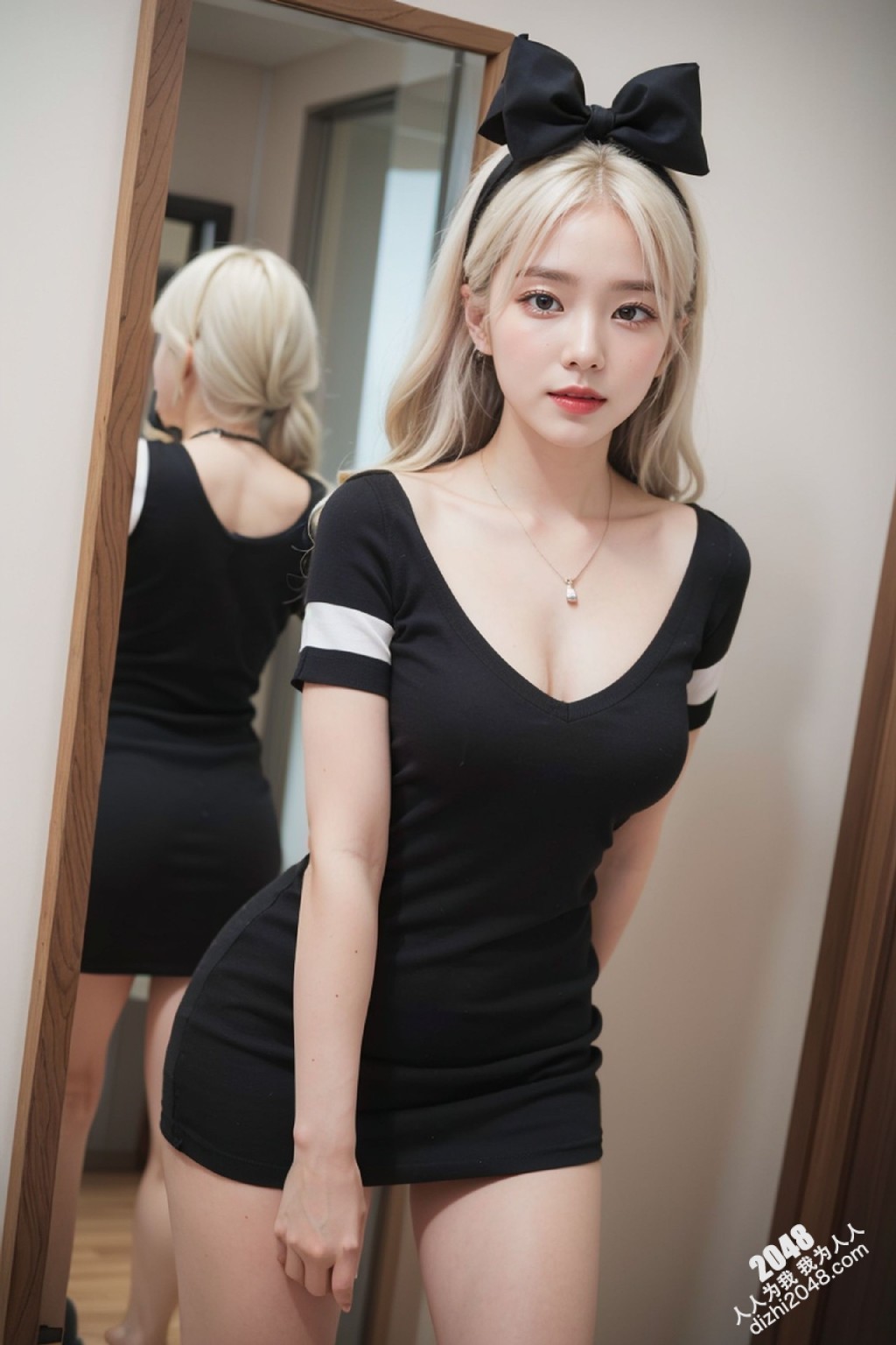 甜心宝贝的秘密写真：亚麻色秀发与黑色低胸装的诱惑，性感尤物写真集，展现极致诱惑身材(6)