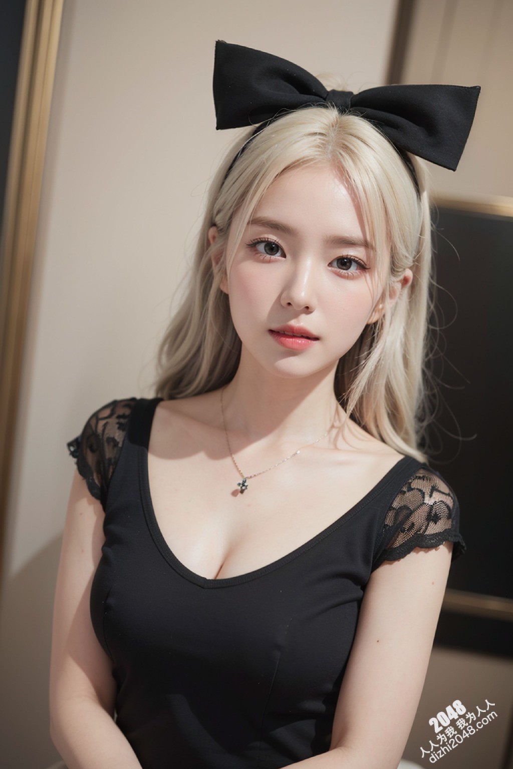 甜心宝贝的秘密写真：亚麻色秀发与黑色低胸装的诱惑，性感尤物写真集，展现极致诱惑身材(7)