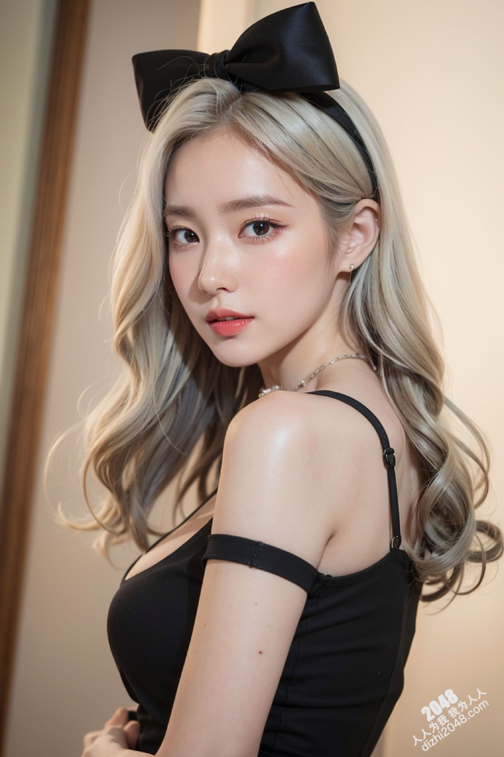 甜心宝贝的秘密写真：亚麻色秀发与黑色低胸装的诱惑，性感尤物写真集，展现极致诱惑身材(15)