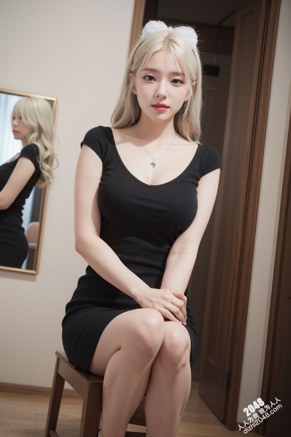 甜心宝贝的秘密写真：亚麻色秀发与黑色低胸装的诱惑，性感尤物写真集，展现极致诱惑身材(16)