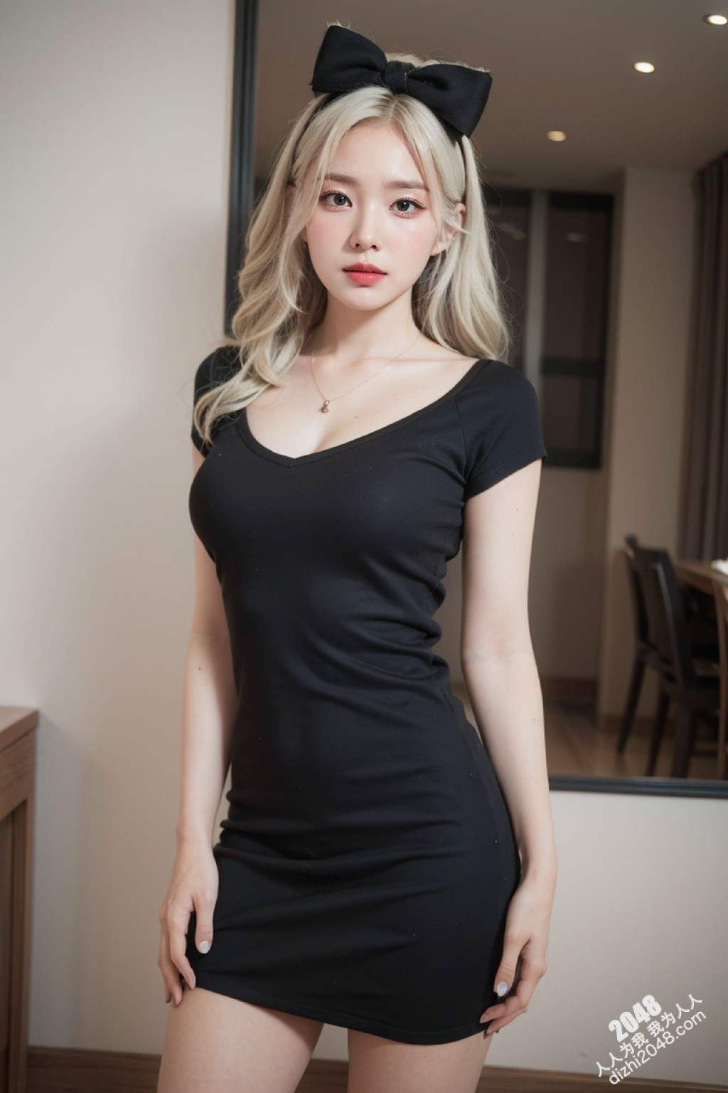 甜心宝贝的秘密写真：亚麻色秀发与黑色低胸装的诱惑，性感尤物写真集，展现极致诱惑身材(23)