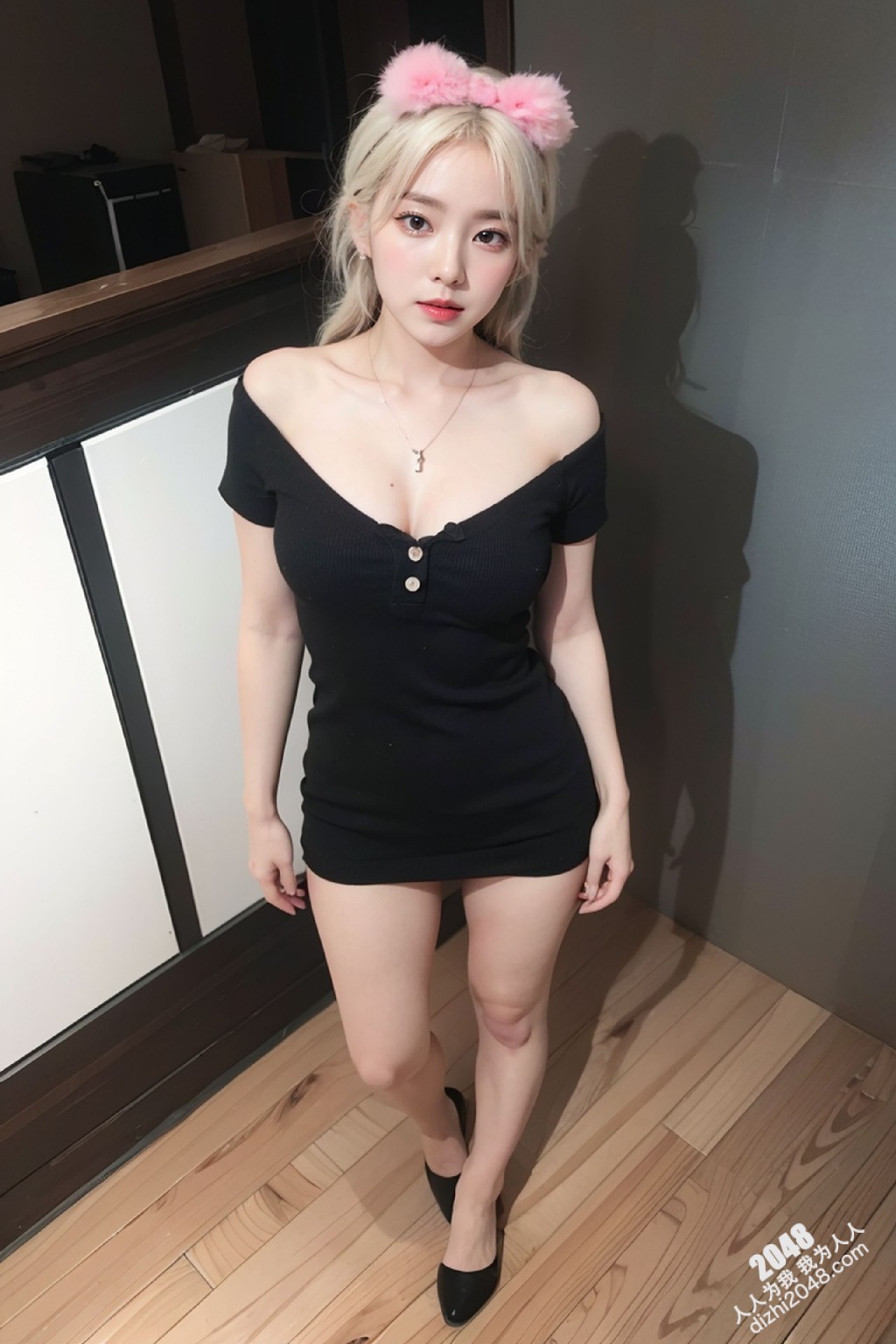 甜心宝贝的秘密写真：亚麻色秀发与黑色低胸装的诱惑，性感尤物写真集，展现极致诱惑身材(24)