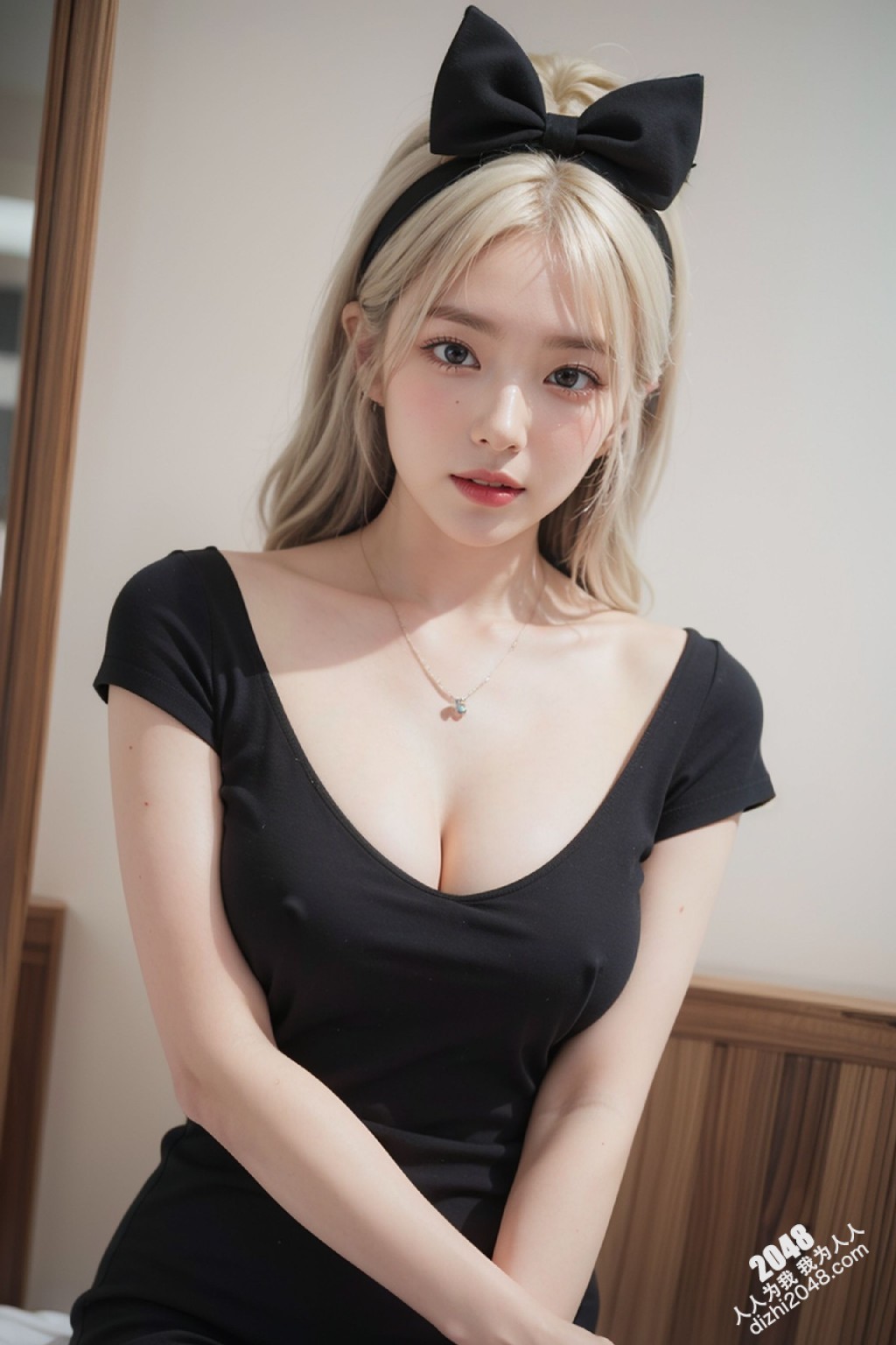 甜心宝贝的秘密写真：亚麻色秀发与黑色低胸装的诱惑，性感尤物写真集，展现极致诱惑身材(32)