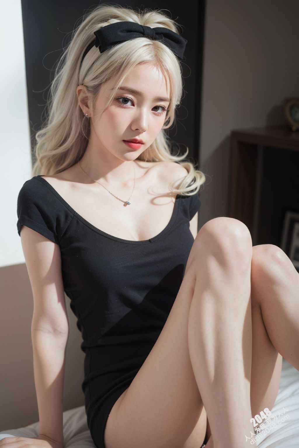 甜心宝贝的秘密写真：亚麻色秀发与黑色低胸装的诱惑，性感尤物写真集，展现极致诱惑身材(33)
