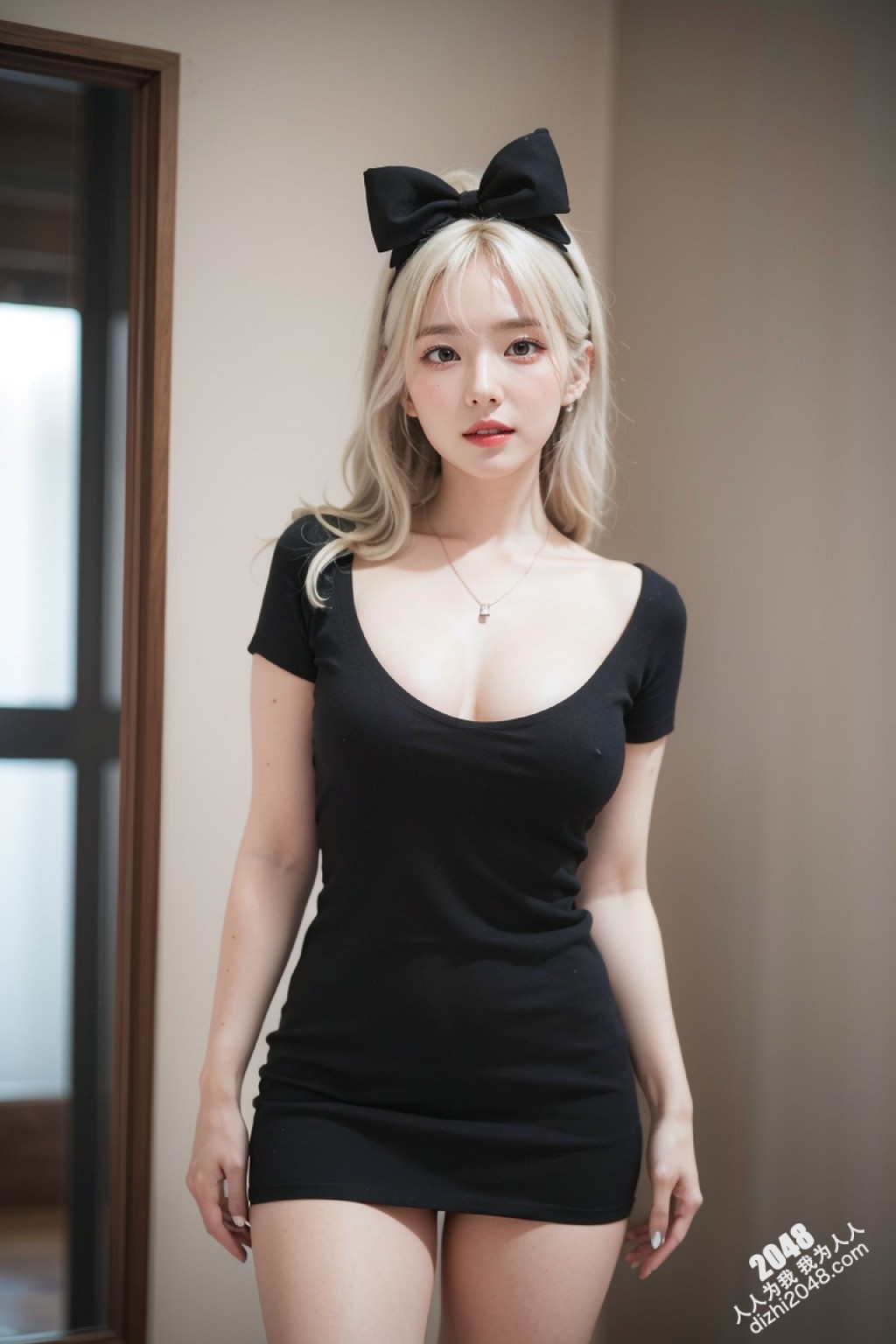 甜心宝贝的秘密写真：亚麻色秀发与黑色低胸装的诱惑，性感尤物写真集，展现极致诱惑身材(44)
