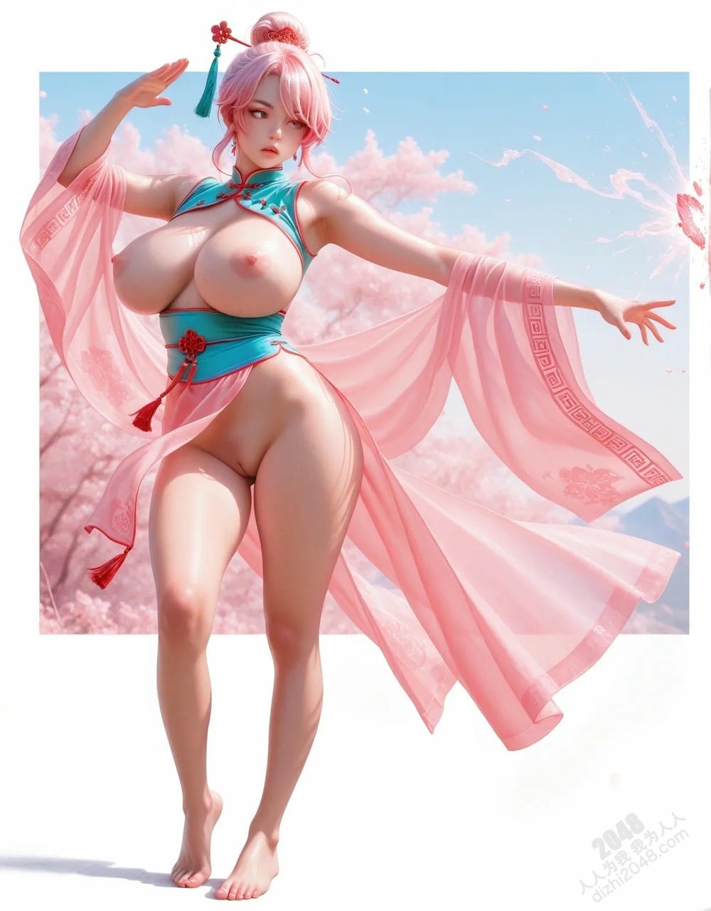 中式古典美人：桃花深处，春意盎然，酥胸半露的绝色佳人(3)