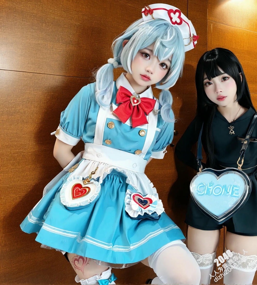 护士装扮的女孩与神秘女郎的暧昧互动，引人遐想无限。