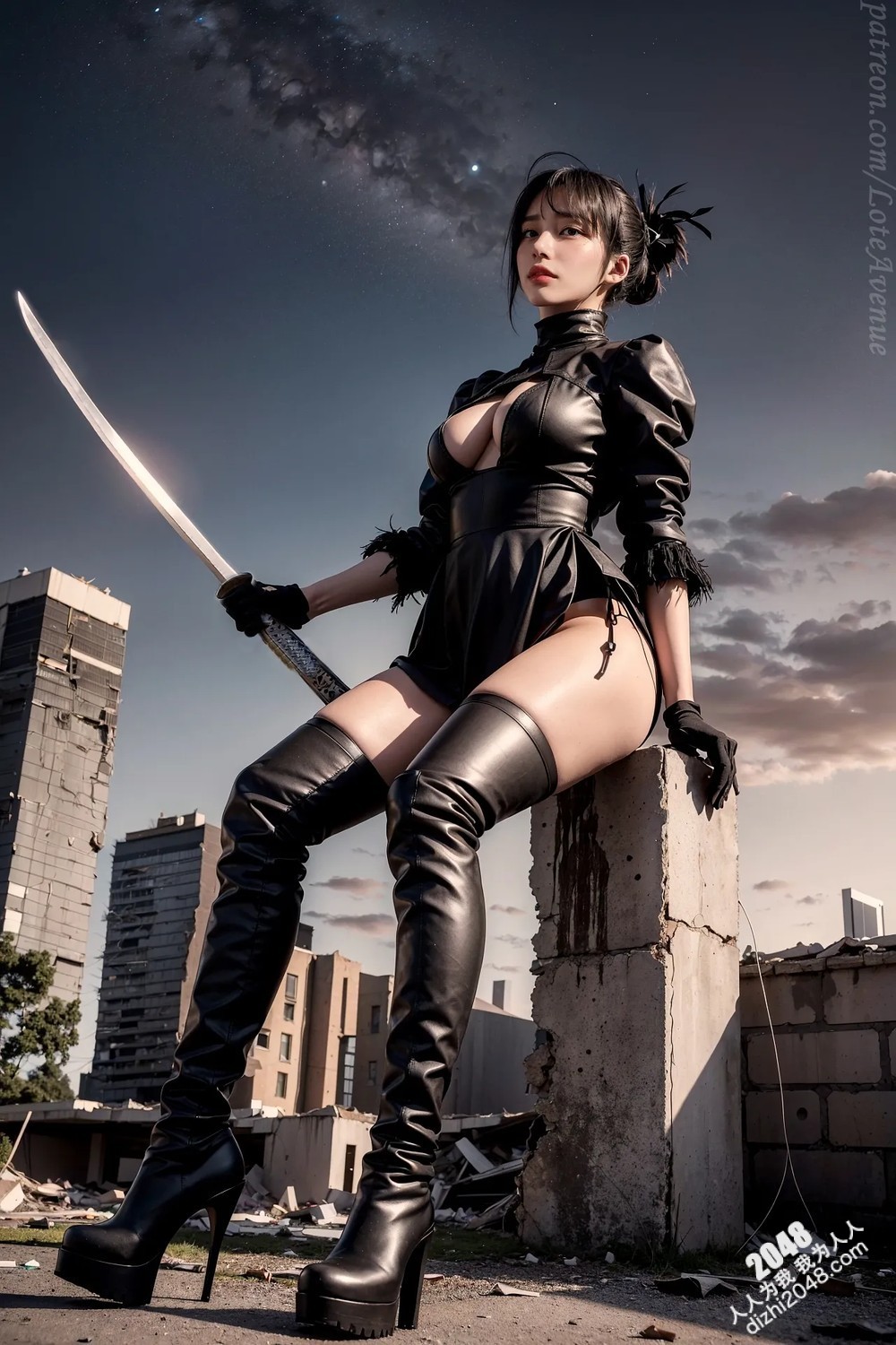Lote Avenue Patreon福利写真：末日废土的性感女武士，高筒靴下的致命诱惑，Nier Automata主题Cosplay(1)