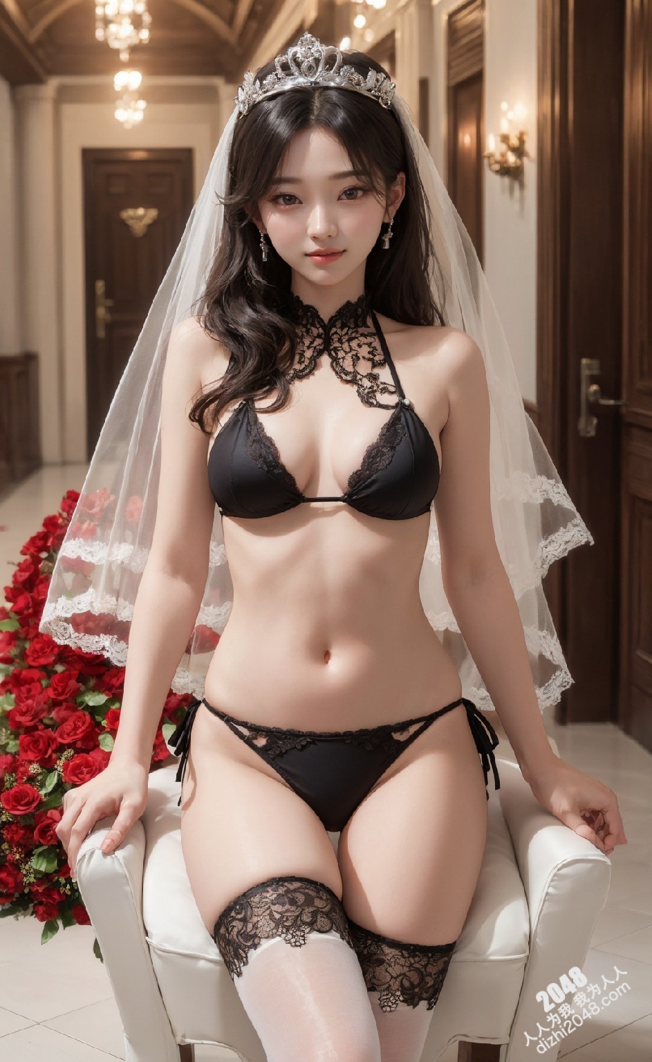 粉发新娘的诱惑：红蕾丝内衣写真，极致诱惑，令人脸红心跳(2)