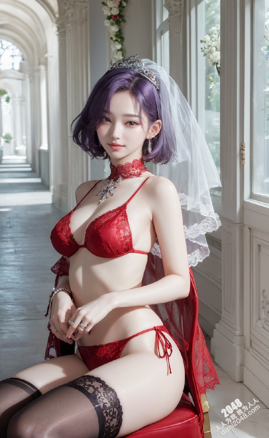 粉发新娘的诱惑：红蕾丝内衣写真，极致诱惑，令人脸红心跳(6)