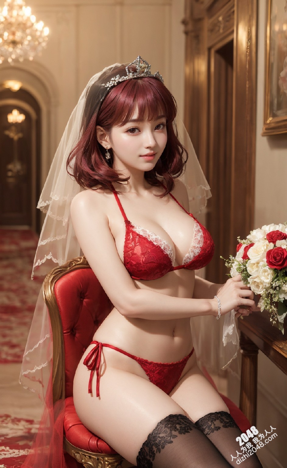 粉发新娘的诱惑：红蕾丝内衣写真，极致诱惑，令人脸红心跳(14)