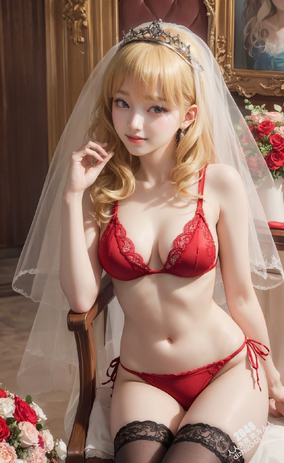粉发新娘的诱惑：红蕾丝内衣写真，极致诱惑，令人脸红心跳(36)