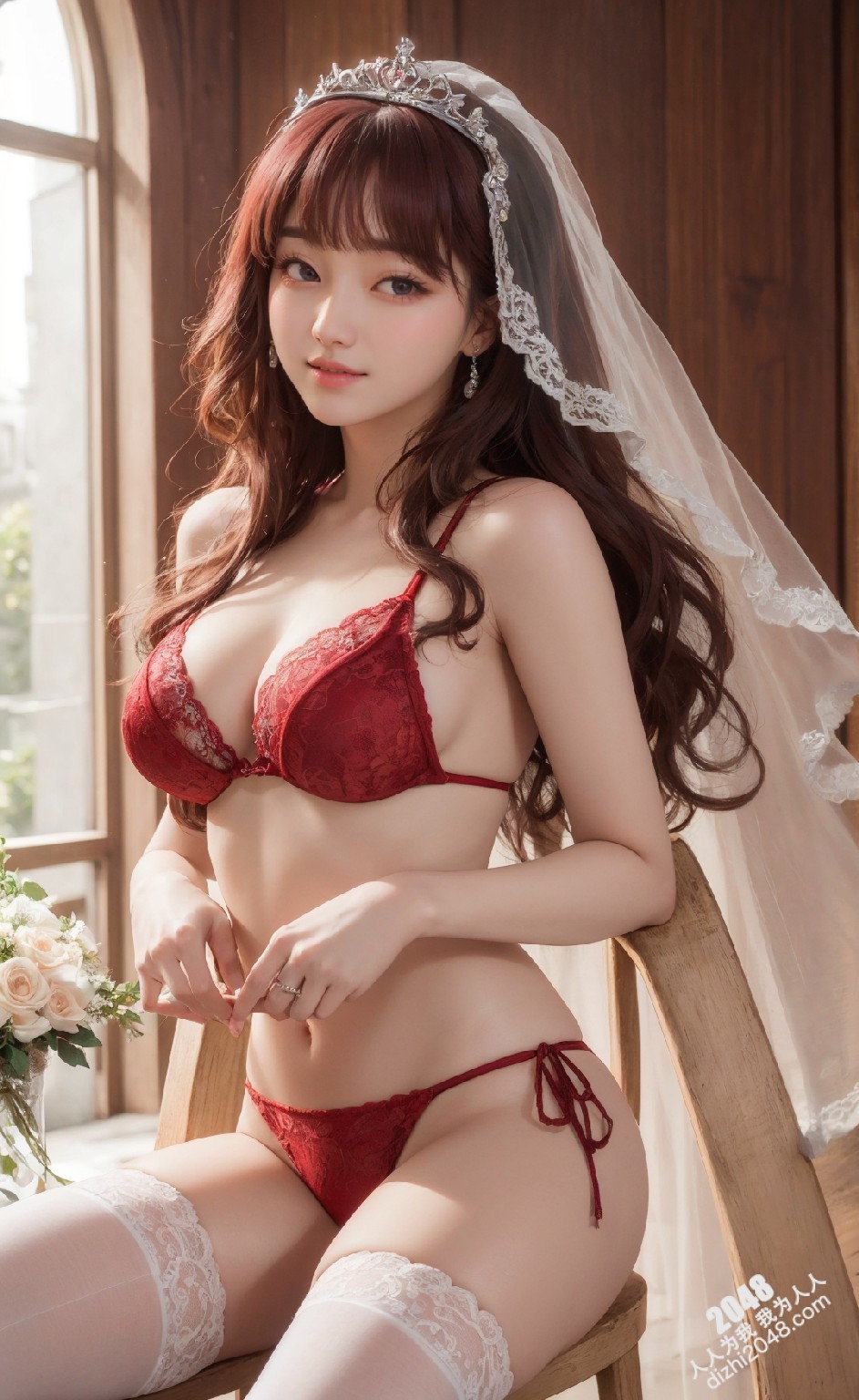 粉发新娘的诱惑：红蕾丝内衣写真，极致诱惑，令人脸红心跳(37)