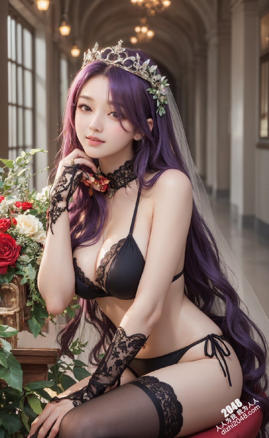 粉发新娘的诱惑：红蕾丝内衣写真，极致诱惑，令人脸红心跳(44)