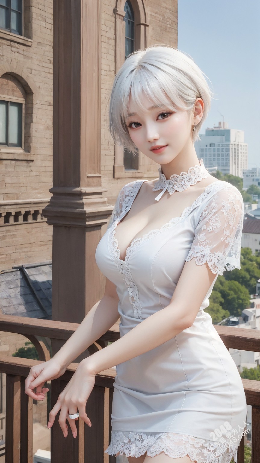 粉发尤物阳台诱惑：蕾丝低胸白裙下的曼妙曲线(20)