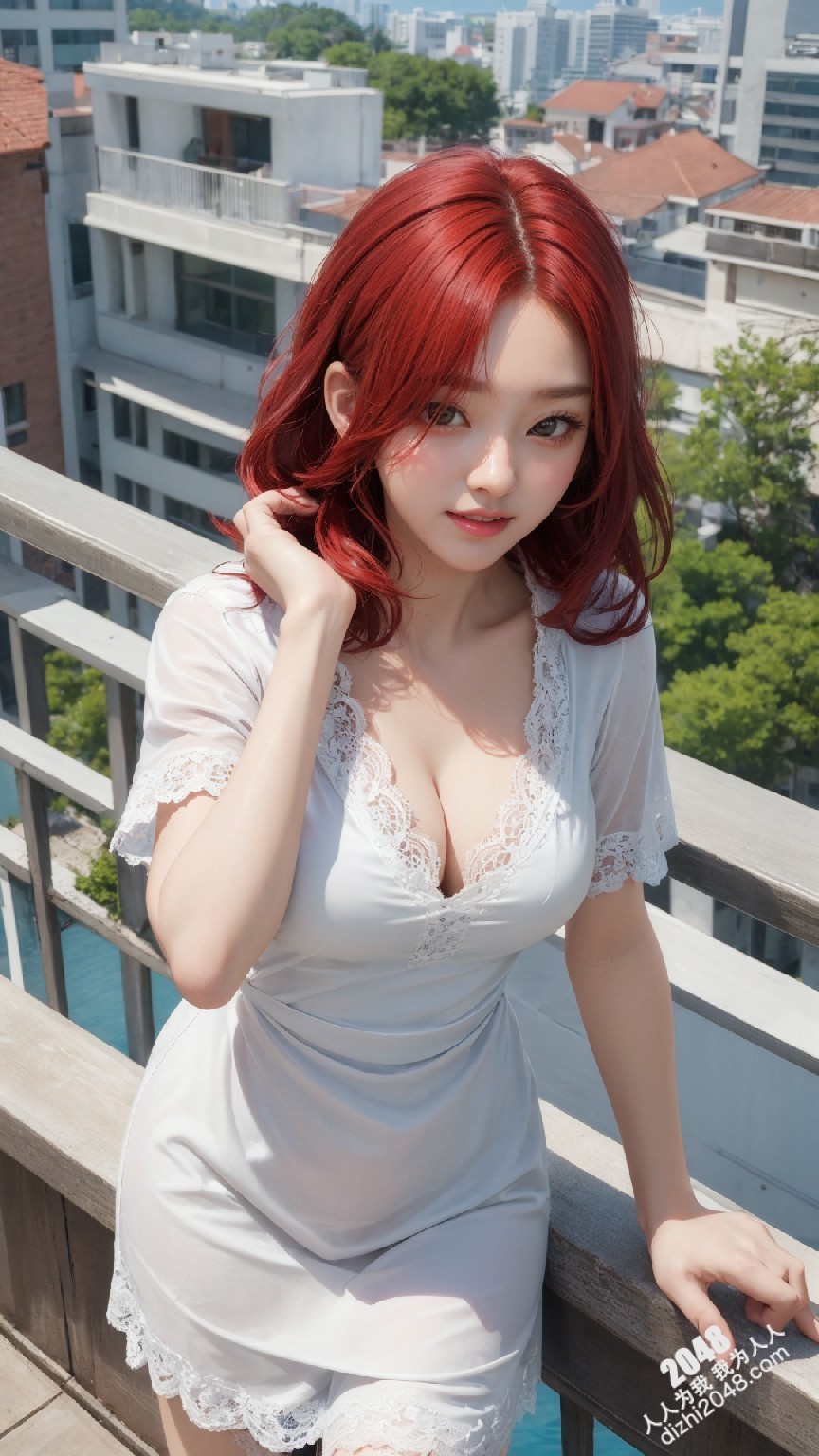 粉发尤物阳台诱惑：蕾丝低胸白裙下的曼妙曲线(19)