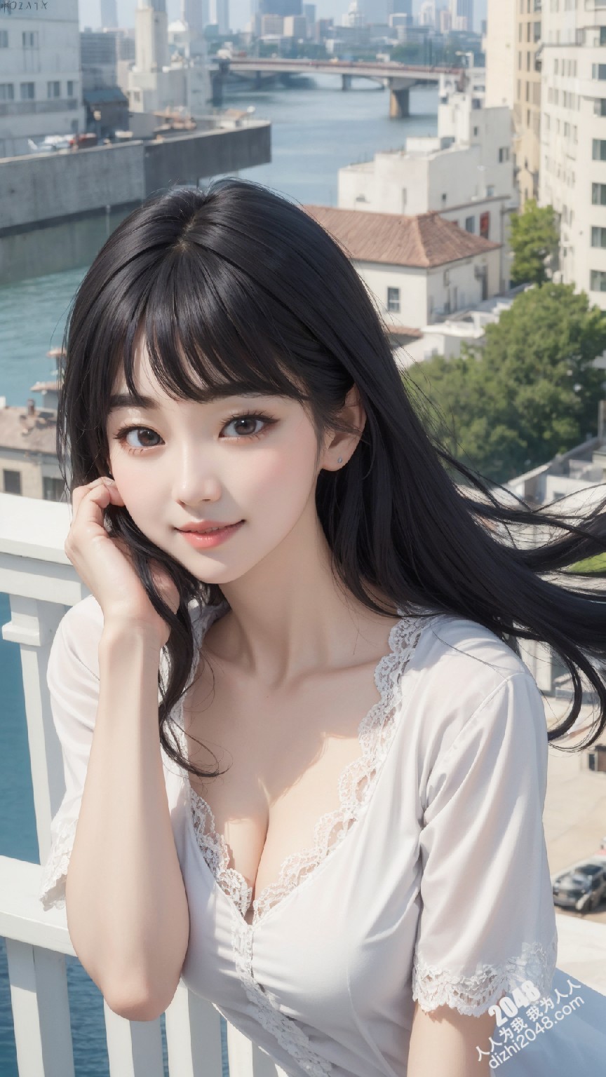 粉发尤物阳台诱惑：蕾丝低胸白裙下的曼妙曲线(26)