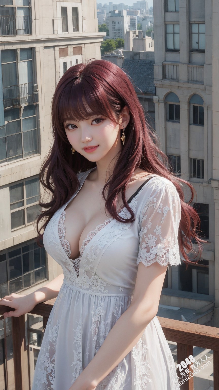 粉发尤物阳台诱惑：蕾丝低胸白裙下的曼妙曲线(29)