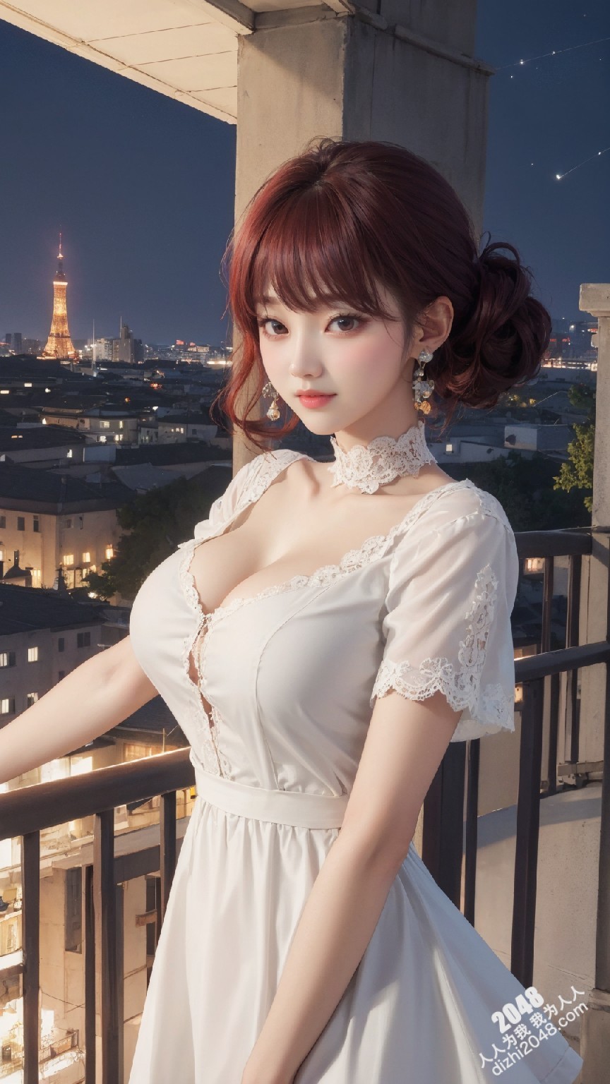 粉发尤物阳台诱惑：蕾丝低胸白裙下的曼妙曲线(34)
