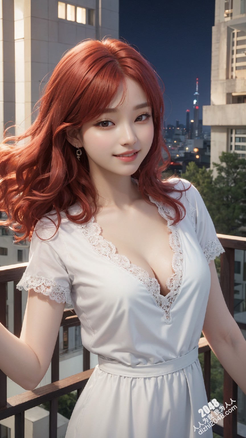 粉发尤物阳台诱惑：蕾丝低胸白裙下的曼妙曲线(36)