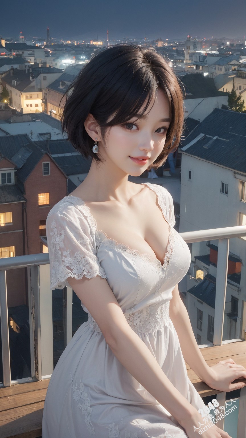 粉发尤物阳台诱惑：蕾丝低胸白裙下的曼妙曲线(39)