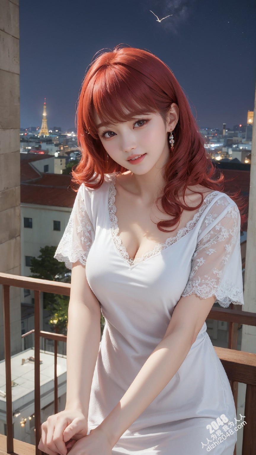 粉发尤物阳台诱惑：蕾丝低胸白裙下的曼妙曲线(45)