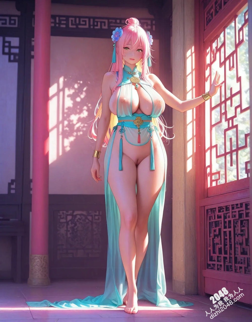 粉嫩佳人：中式旗袍透视诱惑，古典美人撩拨心弦(5)