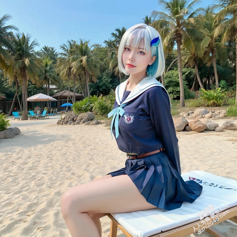 海滩诱惑：银发女孩的阳光假日写真，展现傲人曲线与性感魅力(2)