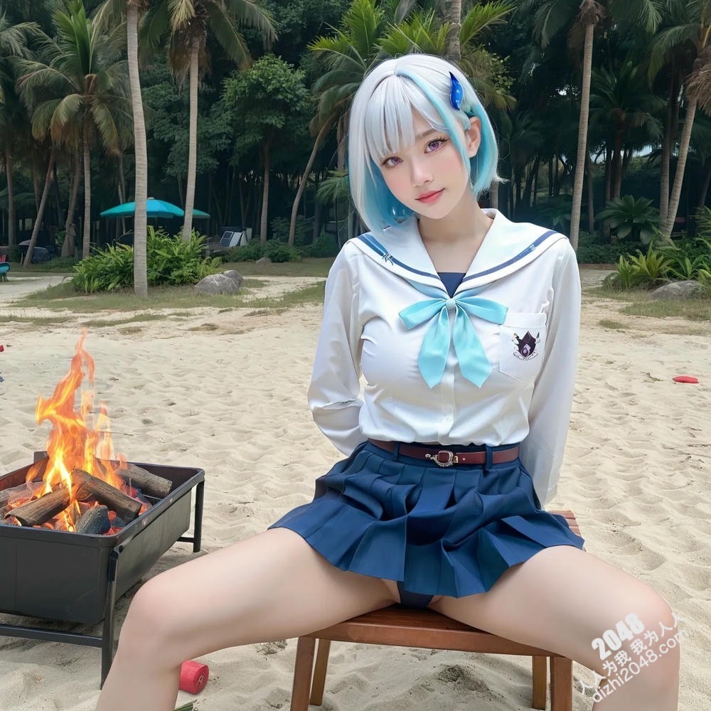 海滩诱惑：银发女孩的阳光假日写真，展现傲人曲线与性感魅力(3)