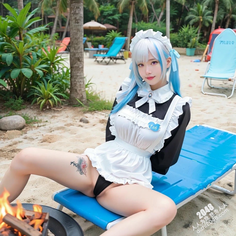 海滩诱惑：银发女孩的阳光假日写真，展现傲人曲线与性感魅力(5)