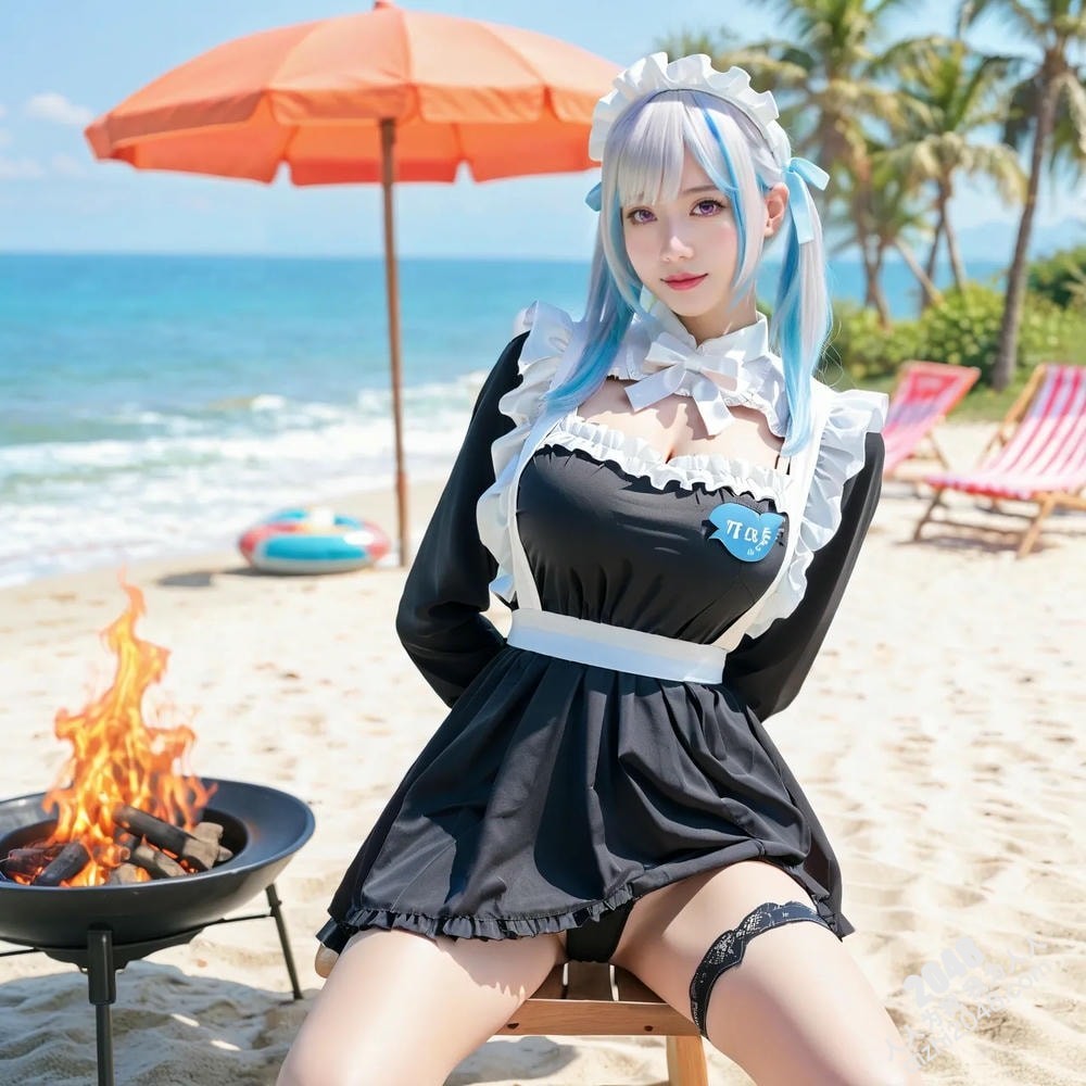 海滩诱惑：银发女孩的阳光假日写真，展现傲人曲线与性感魅力(4)