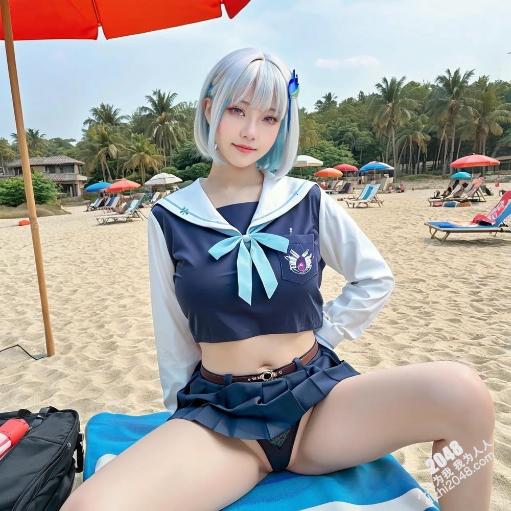 海滩诱惑：银发女孩的阳光假日写真，展现傲人曲线与性感魅力(6)