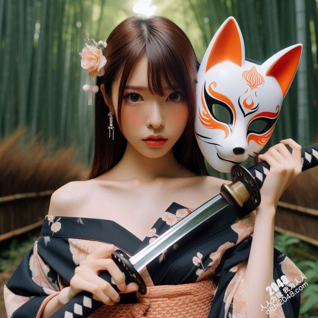 京都竹林狐面女剑客：神秘和服美人，武士刀与魅惑的结合，雪肌玉肤，危险又迷人，引人入胜的东方奇女子。(1)