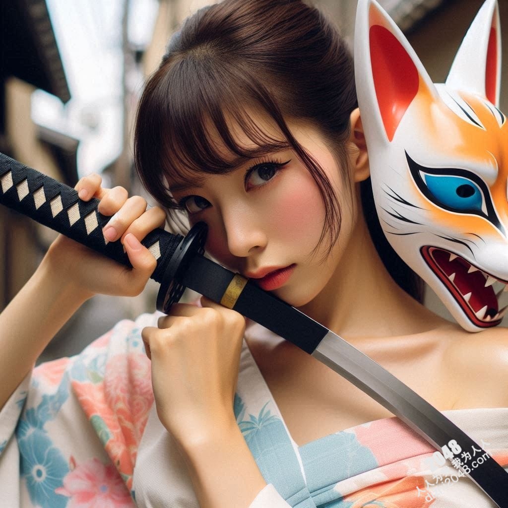 京都竹林狐面女剑客：神秘和服美人，武士刀与魅惑的结合，雪肌玉肤，危险又迷人，引人入胜的东方奇女子。(3)