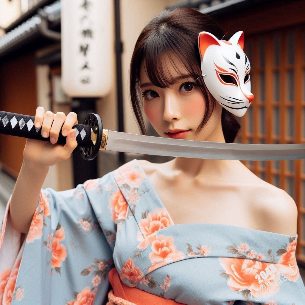 京都竹林狐面女剑客：神秘和服美人，武士刀与魅惑的结合，雪肌玉肤，危险又迷人，引人入胜的东方奇女子。(2)