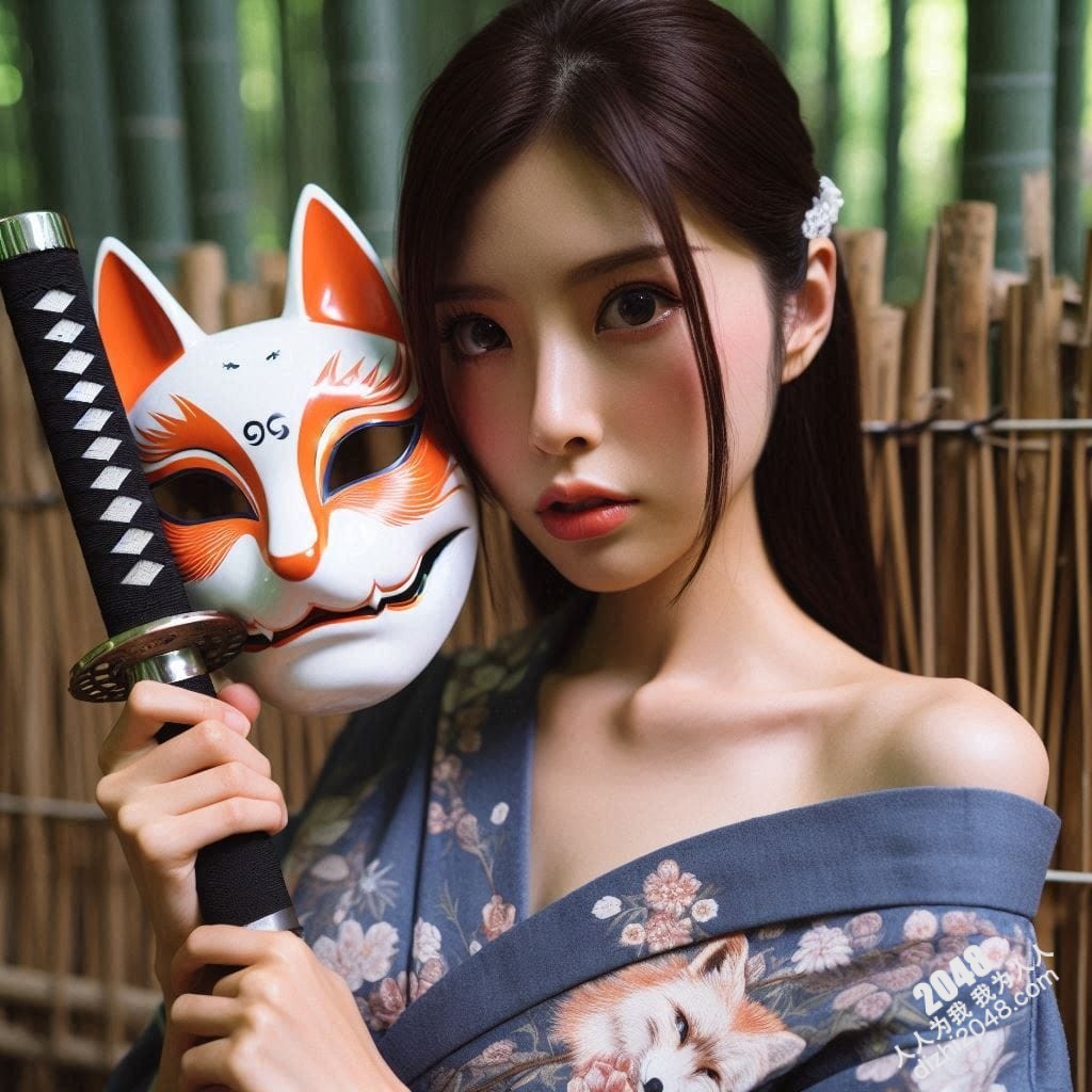 京都竹林狐面女剑客：神秘和服美人，武士刀与魅惑的结合，雪肌玉肤，危险又迷人，引人入胜的东方奇女子。(4)