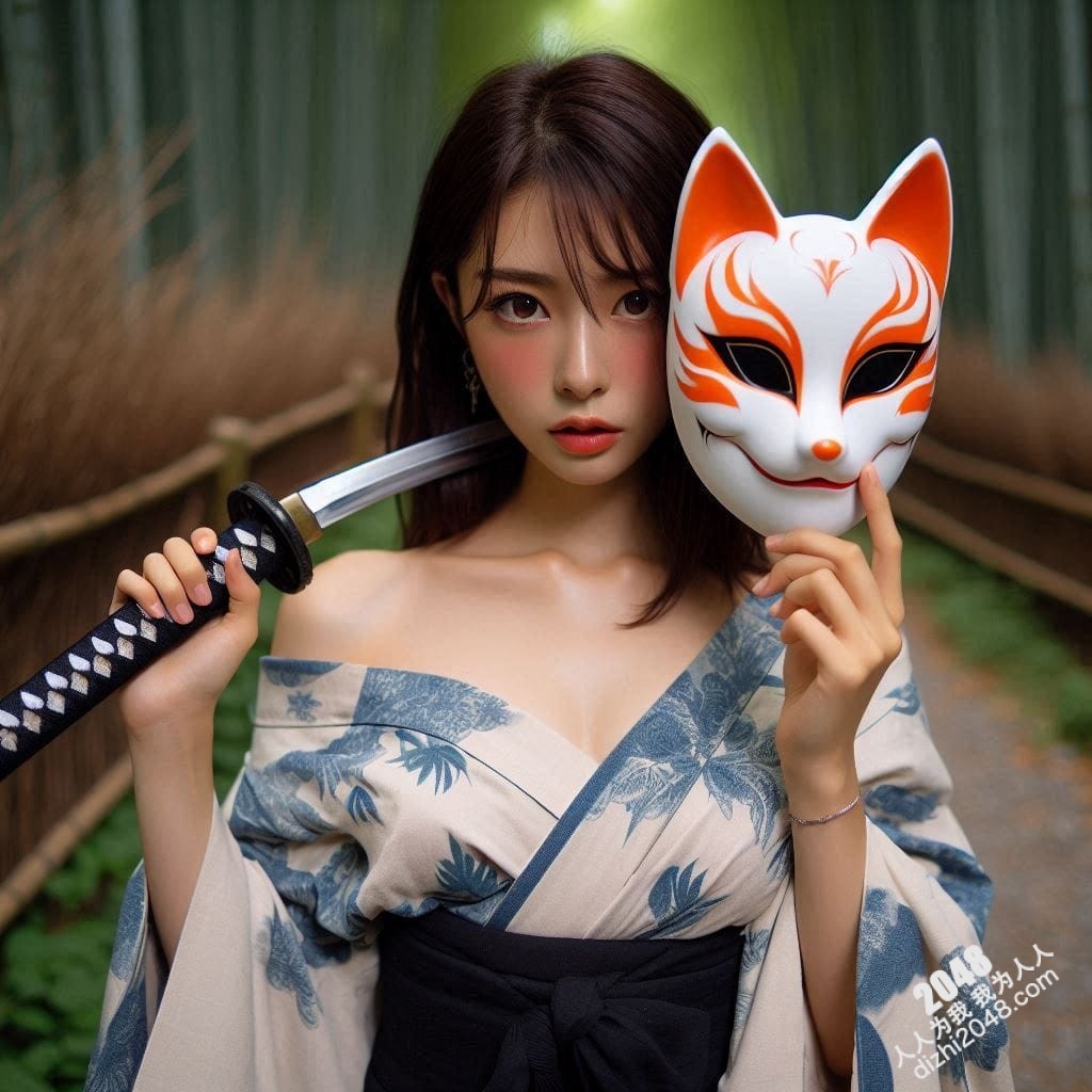 京都竹林狐面女剑客：神秘和服美人，武士刀与魅惑的结合，雪肌玉肤，危险又迷人，引人入胜的东方奇女子。(6)