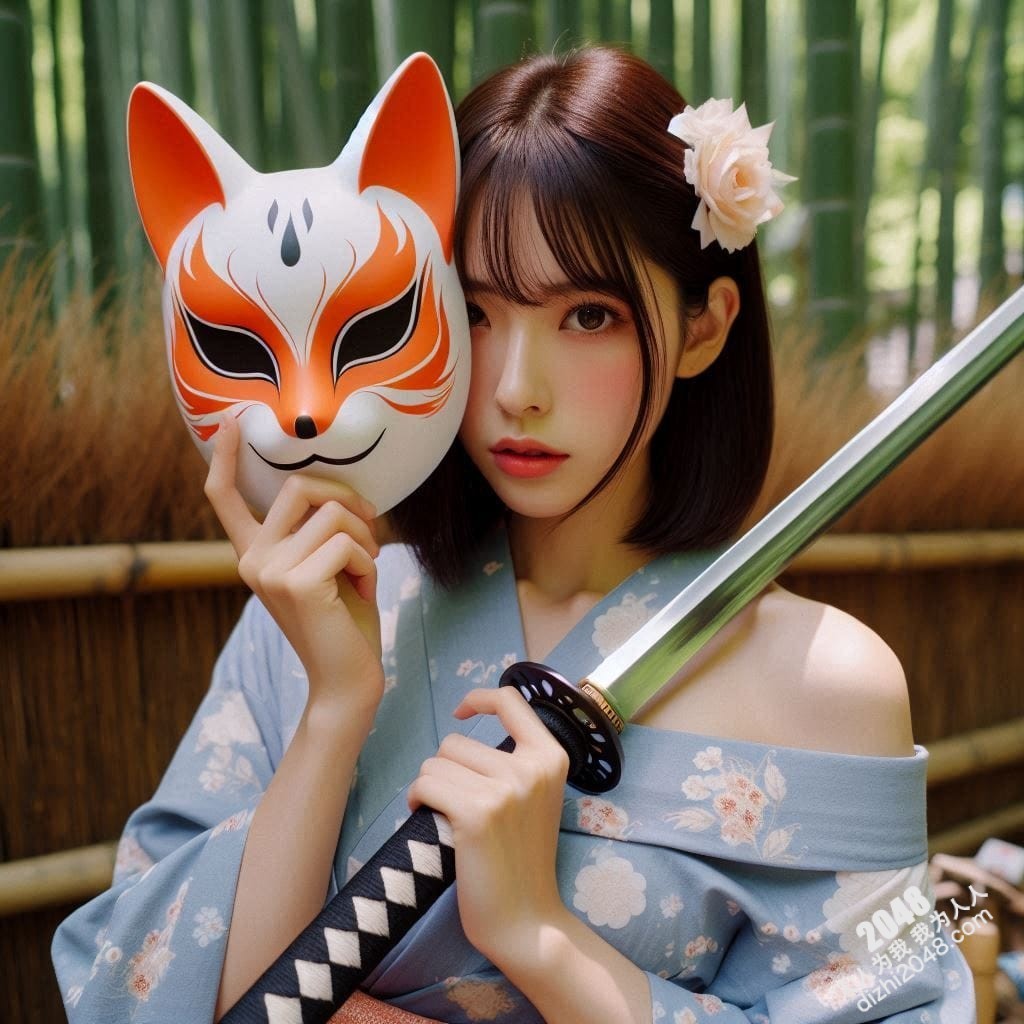 京都竹林狐面女剑客：神秘和服美人，武士刀与魅惑的结合，雪肌玉肤，危险又迷人，引人入胜的东方奇女子。(11)