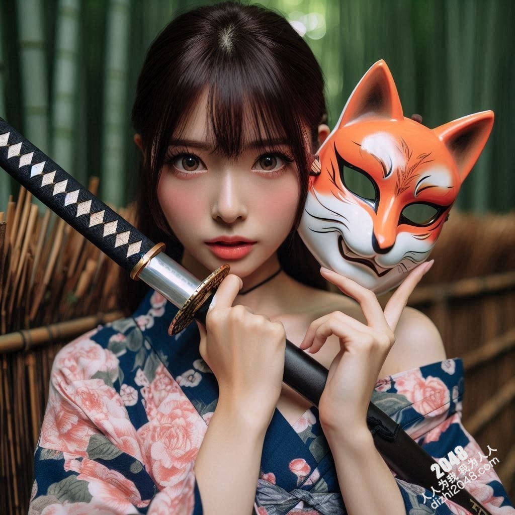 京都竹林狐面女剑客：神秘和服美人，武士刀与魅惑的结合，雪肌玉肤，危险又迷人，引人入胜的东方奇女子。(12)