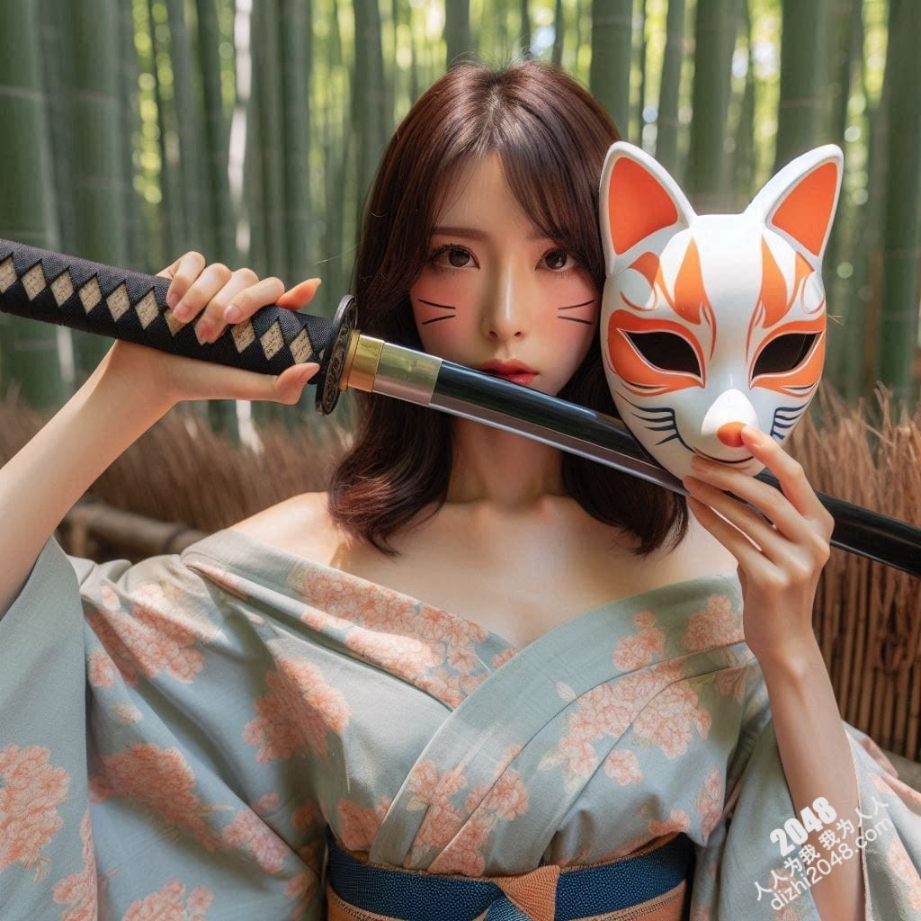 京都竹林狐面女剑客：神秘和服美人，武士刀与魅惑的结合，雪肌玉肤，危险又迷人，引人入胜的东方奇女子。(16)