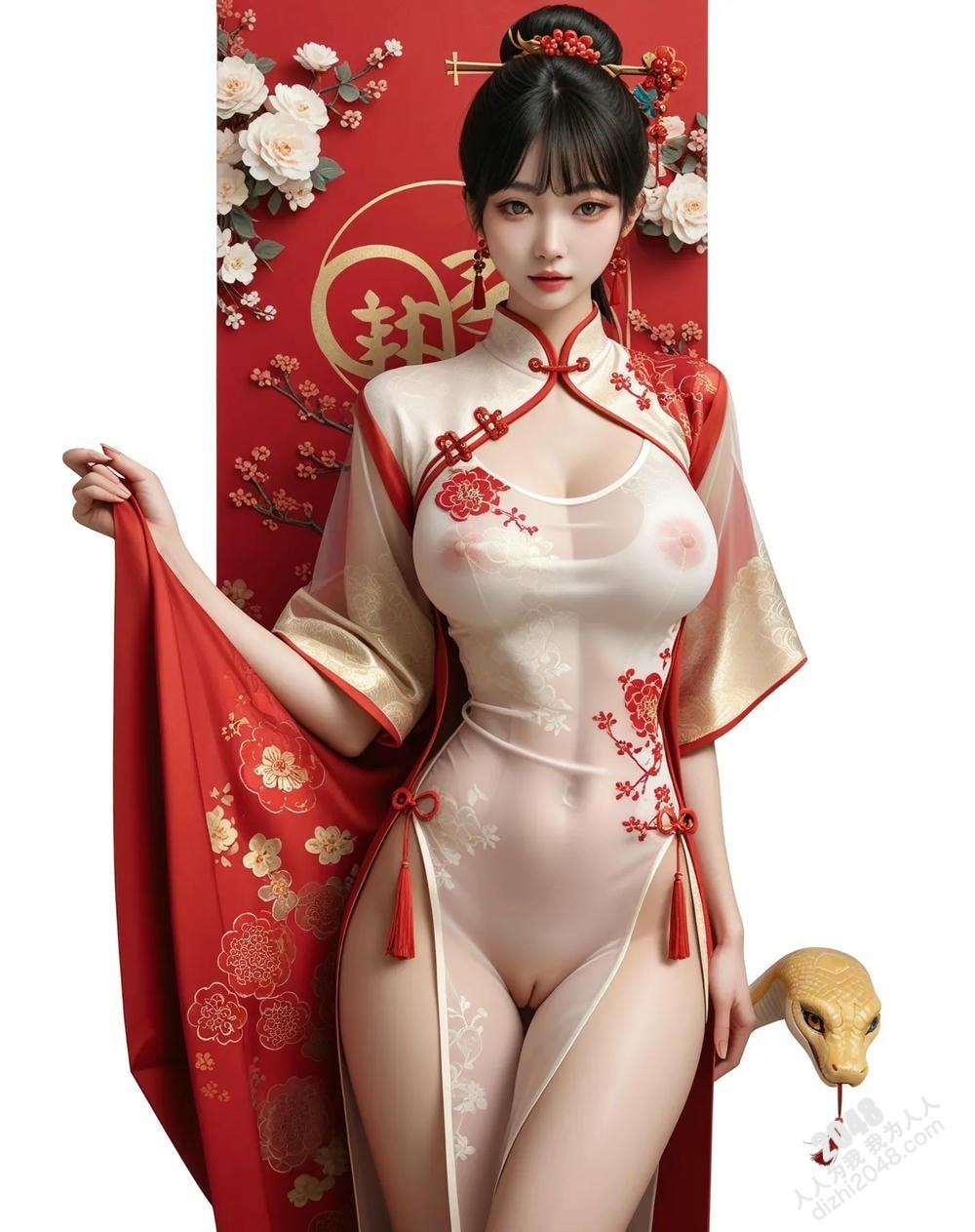 旗袍尤物与白蛇的缠绵：蛇年新年性感写真(6)