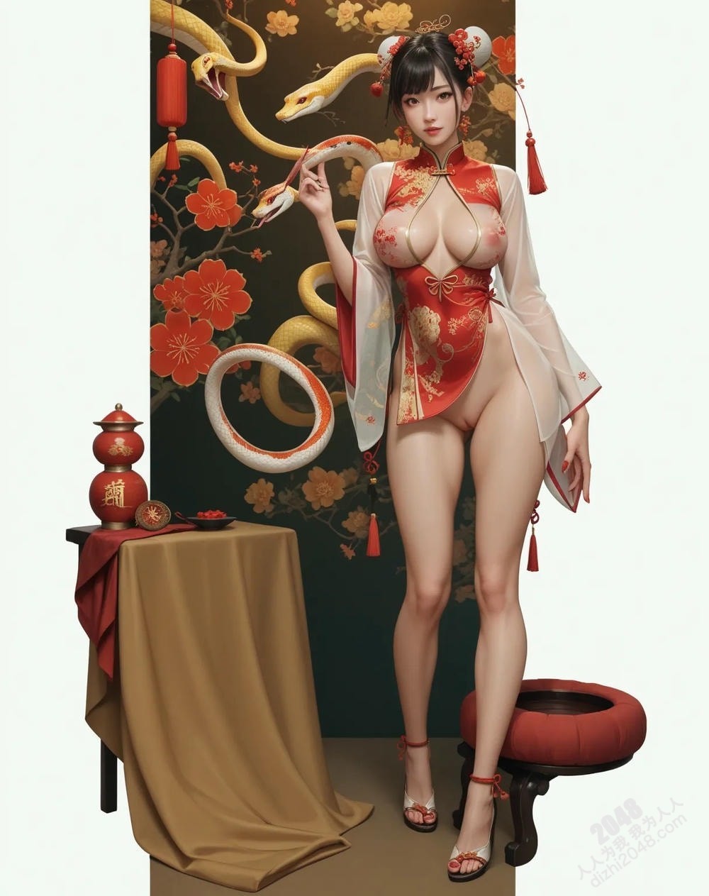 旗袍尤物与白蛇的缠绵：蛇年新年性感写真(10)