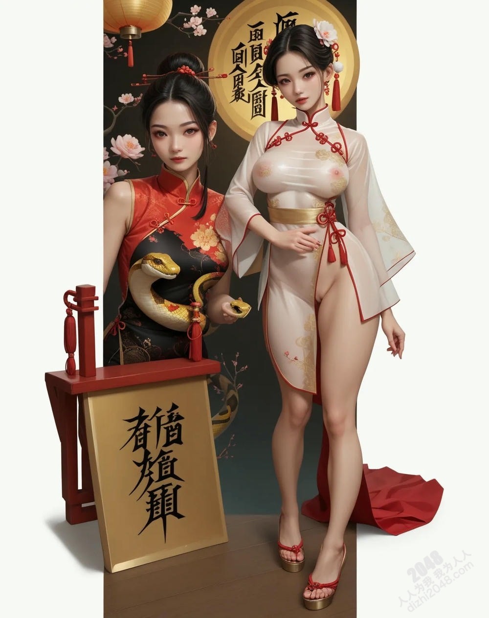 旗袍尤物与白蛇的缠绵：蛇年新年性感写真(11)