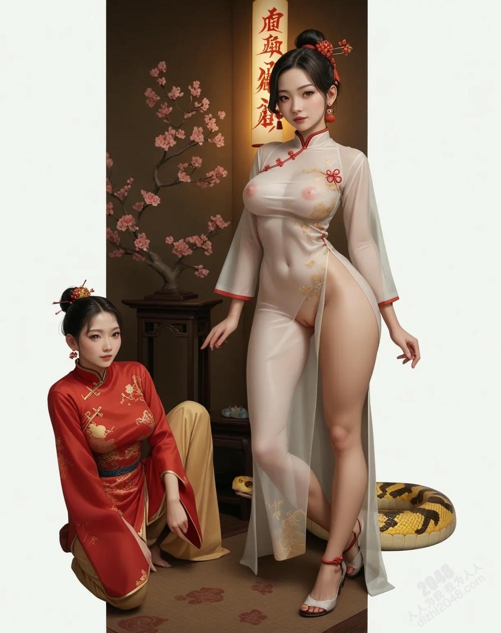 旗袍尤物与白蛇的缠绵：蛇年新年性感写真(12)