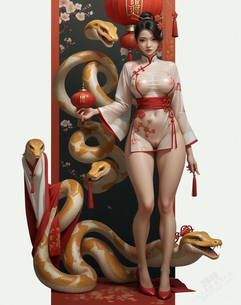 旗袍尤物与白蛇的缠绵：蛇年新年性感写真(13)