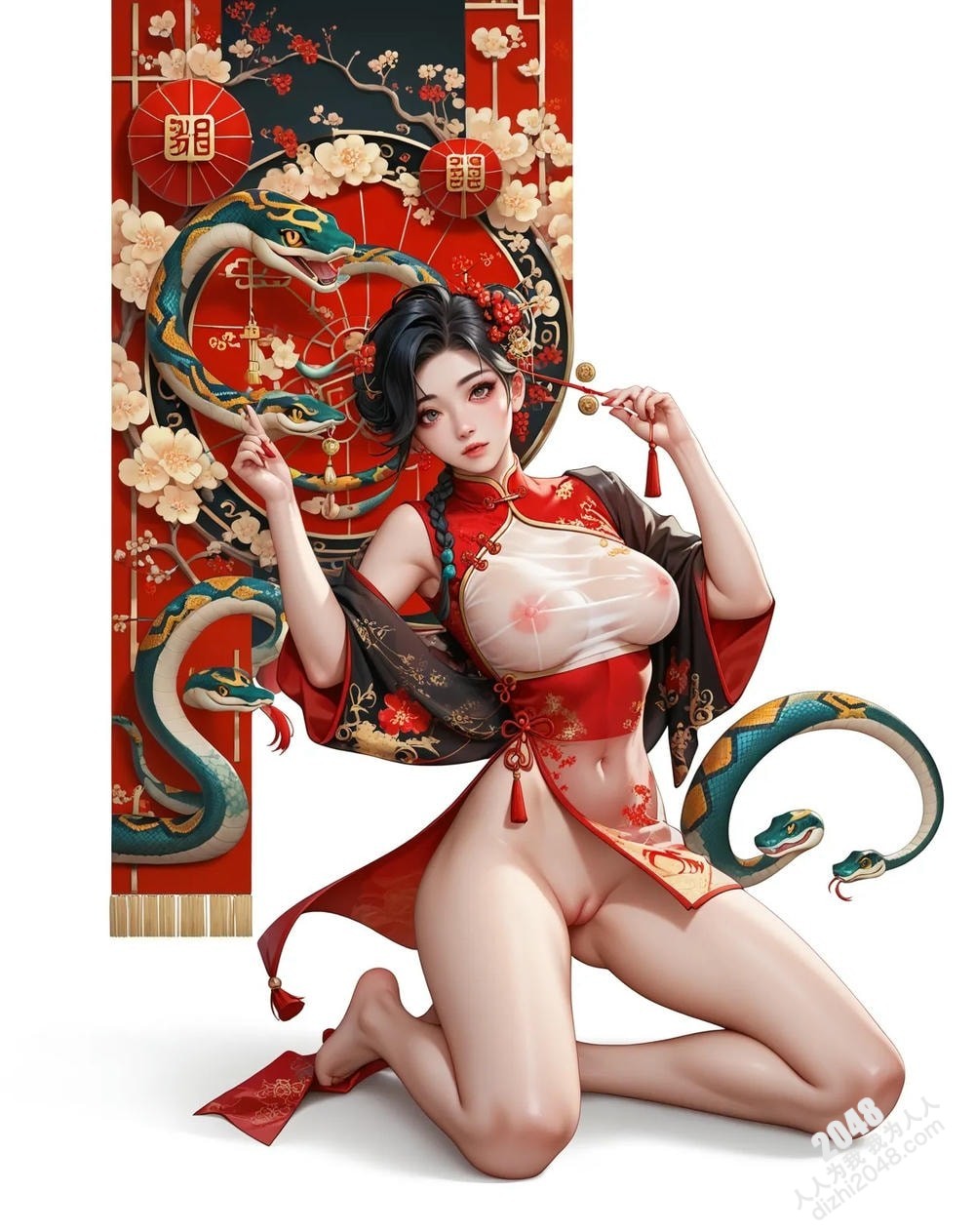 旗袍尤物与白蛇的缠绵：蛇年新年性感写真(28)