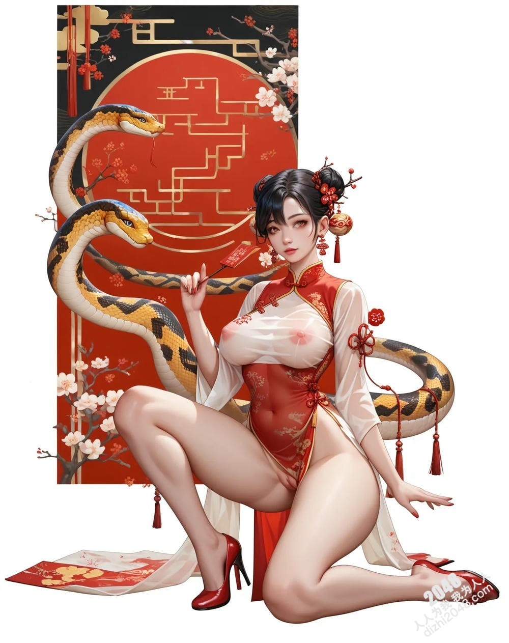 旗袍尤物与白蛇的缠绵：蛇年新年性感写真(30)