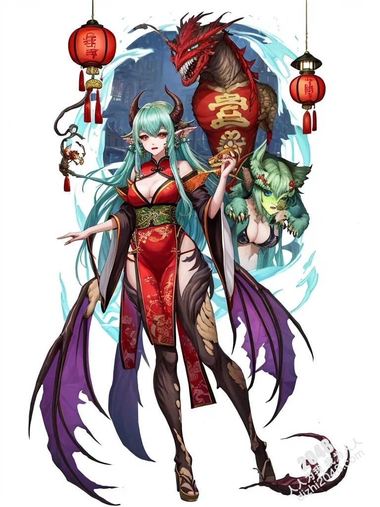 禁忌诱惑：红衣女妖与双龙的魅惑夜宴-高清图鉴-妖魅修罗场-中国风-性感-动漫-游戏原画